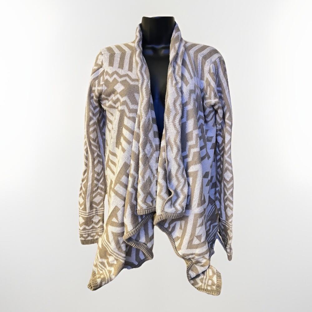 Dolled Up Large Open Front Aztec Geo Knit Cardigan Waterfall Drape Beige
